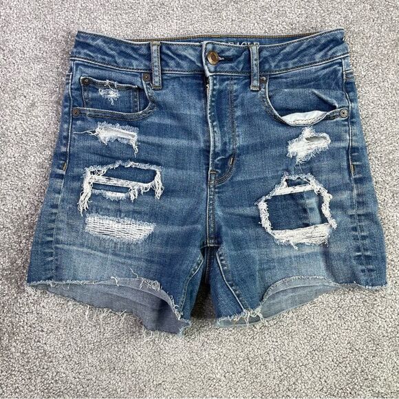 American Eagle Denim Shorts Women’s 4 Blue Hi-Rise Shortie Cut Off Distressed - Picture 1 of 9